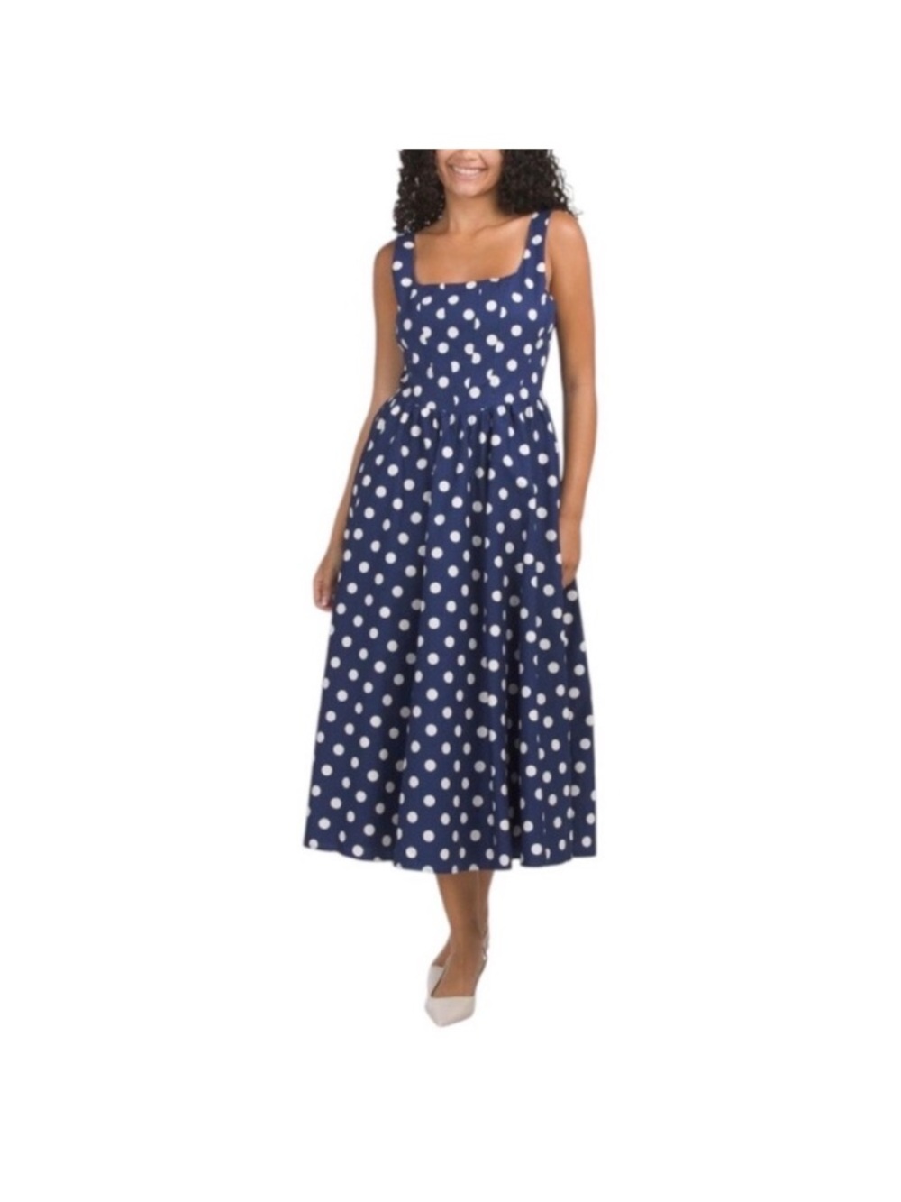 NWT WAYF Navy Polka Dot Square Neck Midi Dress Size L